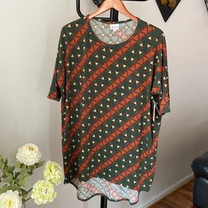 LuLaRoe Size L Top Irma Tee Green Brown Geometric Triangles Print Made USA